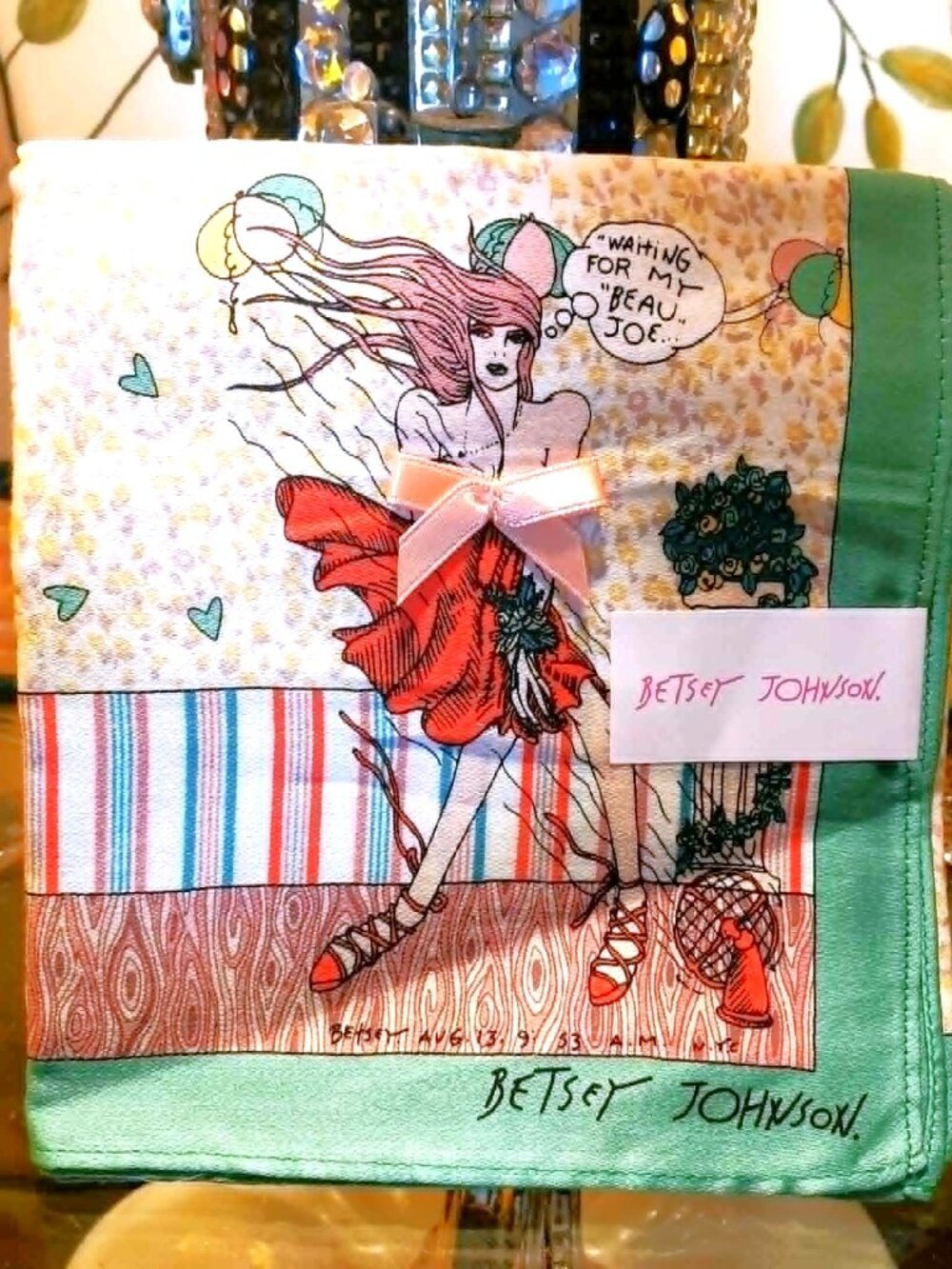 Vintage Betsey Johnson Red Dress Waiting For My Beau Joe Babe Girl Pop Art Scarf